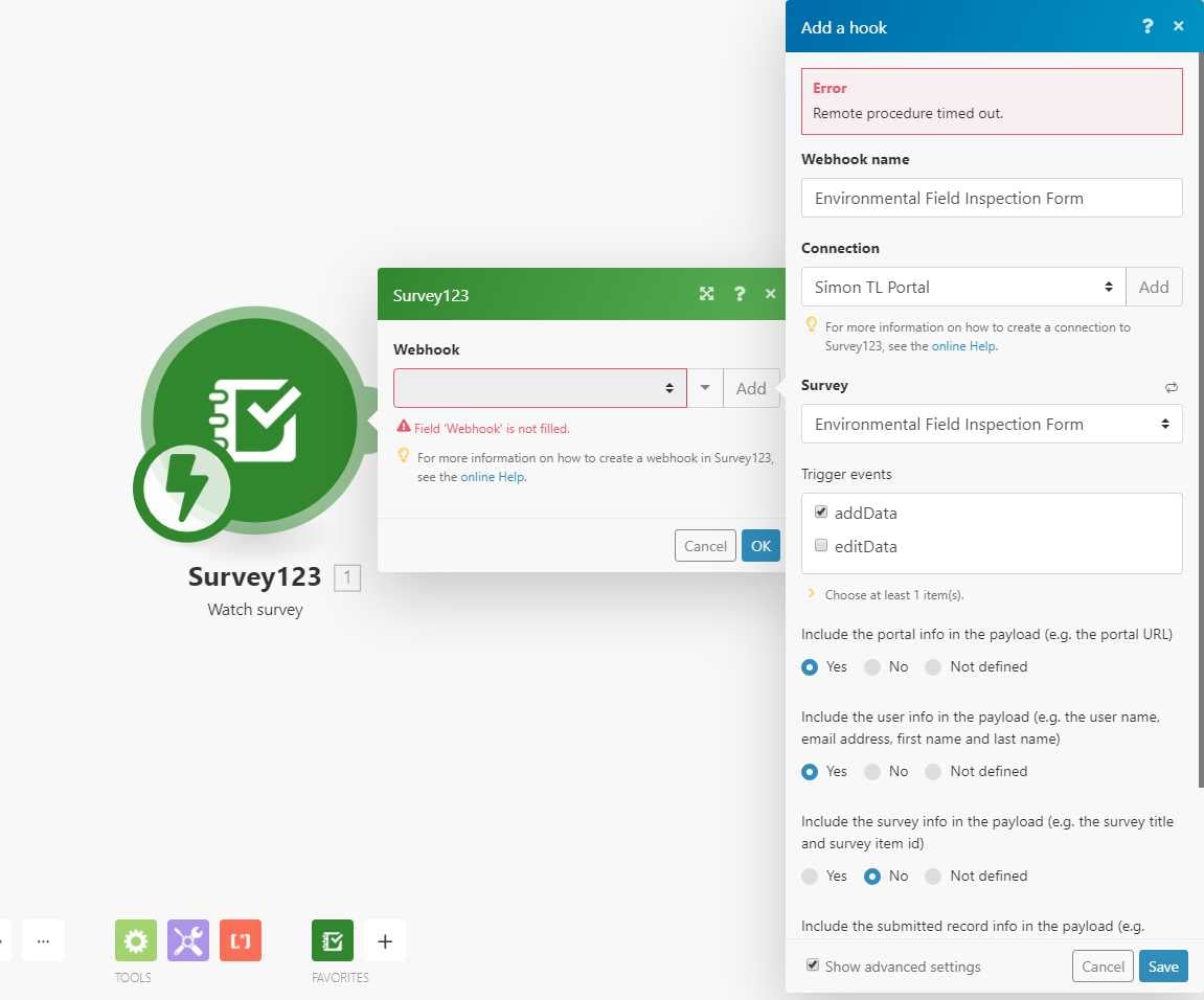 Integromat / Survey123 webhook creation error "remote procedure timed out"